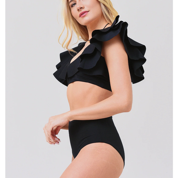 Maygel Coronel Black Mila Ruffle Two-Piece Bikini Swimsuit Set one size - Picture 3 of 15